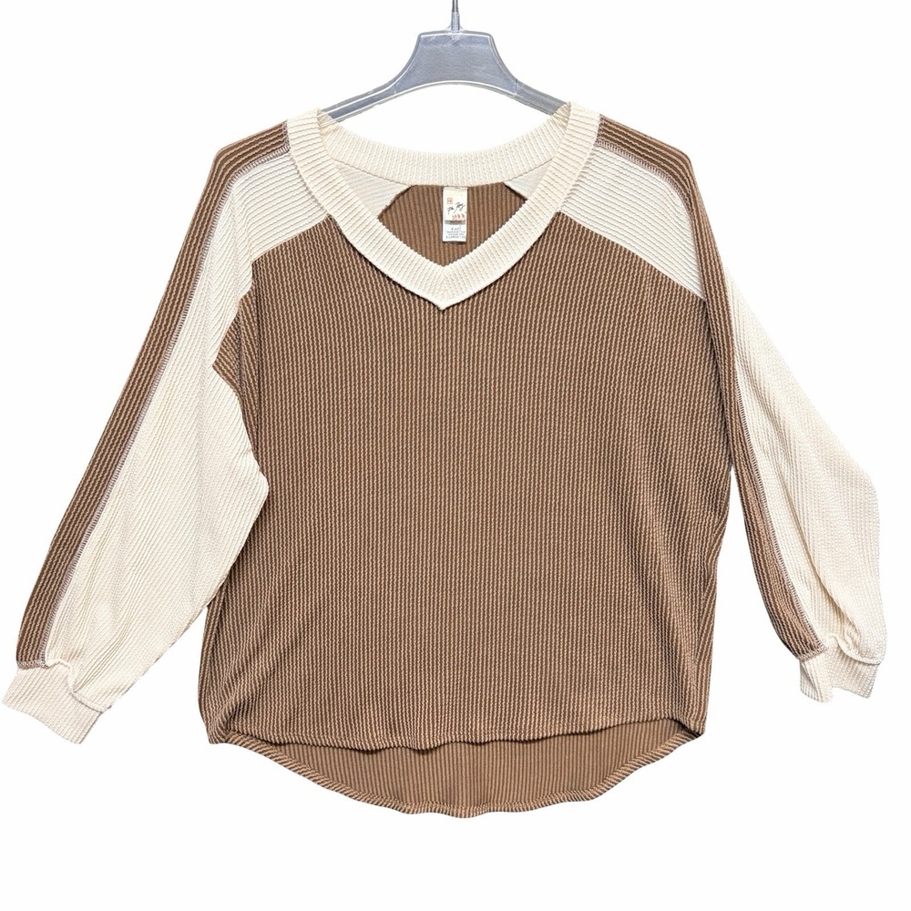 7th‎ Ray Color Block Ribbed V-Neck Top XL Brown Long Sleeve Vintage Boho Retro